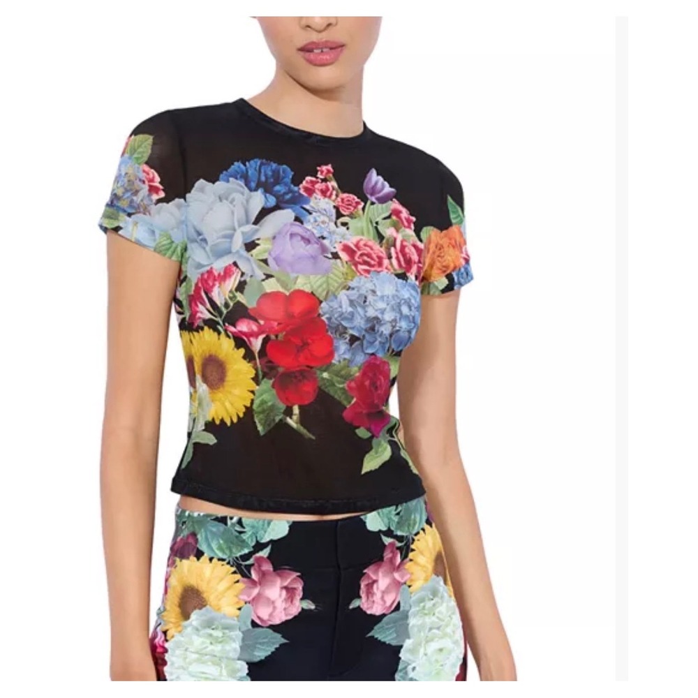 Alice + Olivia Tess Crewneck Baby Tee M Black Floral Sheer Mesh Stretch Top Y2K